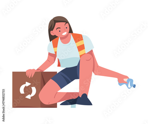 Woman Character Collecting Garbage on Beach in Carton Box Vector Illustration