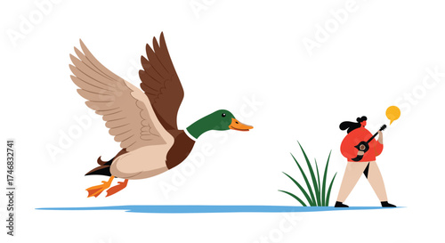A person is playing music for a duck flying over water.