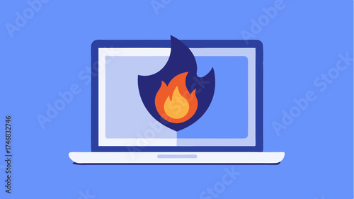 An open laptop with a firewall graphic representing protection against cyber threats in online environments.