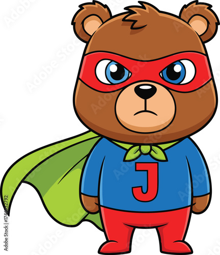 Cartoon superhero bear, red mask, green cape, blue shirt, letter J, heroic pose, determined face, kids character, animal hero, bold