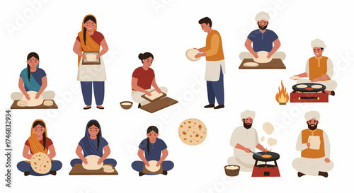 People making and cooking flatbreads in various stages