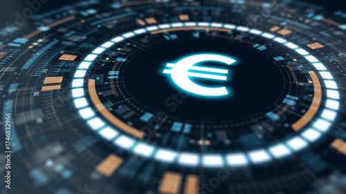 Motion graphic of glowing euro symbol inside futuristic HUD interface, representing global currency, financial technology, and digital economy.