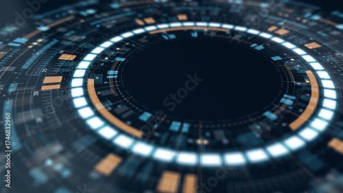 Motion graphic of futuristic circular HUD interface with glowing digital elements, representing technology, innovation, and virtual data concept.
