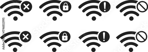 Wifi problem icon set. Disconnect Wireless network symbol collection. No Wi-fi and internet signal. lost internet connection sign
