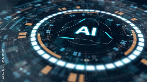Motion graphic of glowing AI text inside triangular futuristic HUD interface, representing artificial intelligence and modern technology concept.