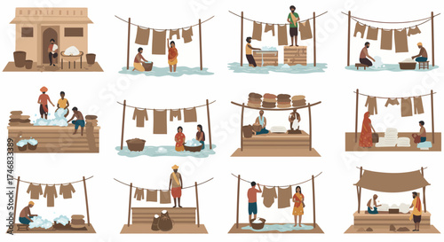 Series of vignettes depicting traditional South Asian outdoor laundry and washing scenes