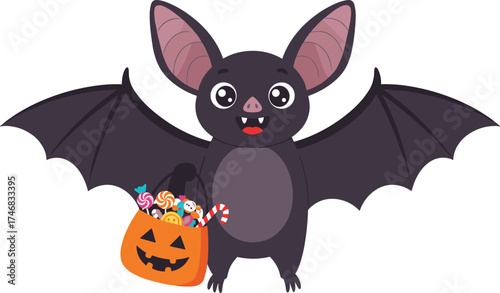 Adorable cartoon bat character holding jack o lantern candy bucket full of sweet treats halloween trick or treat vector illustration design