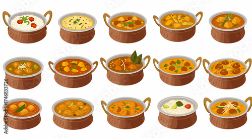 Sixteen Indian curries and rice dishes served in copper karahi pots