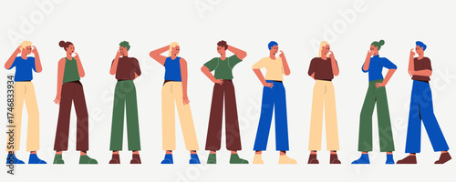 Thoughtful People Thinking Try to Solve Problem Vector Set