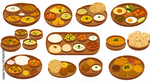 Various sets and bowls of stylized Indian vegetarian food displayed on brown platters