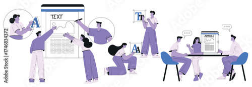 People Work with Text Editing and Writing Article Vector Set