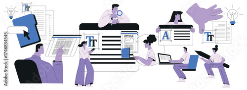 People Work with Text Editing and Writing Article Vector Set