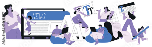 People Work with Text Editing and Writing Article Vector Set