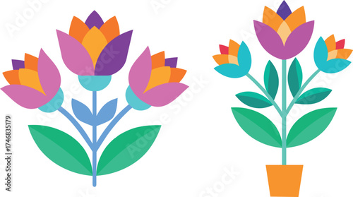 Vibrant abstract floral arrangements with bold colors and stylized petals