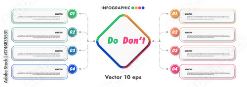 Do and dont infographic vector design template colorful trendy style for presentation, start up, logic analysis, presentation, business strategy 10 eps