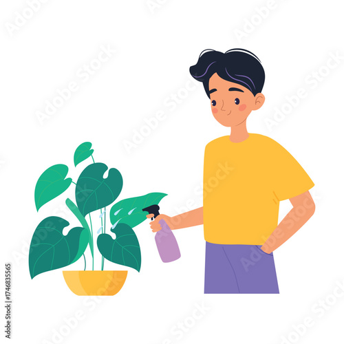 Man Character Enjoy Plant Cultivation and Gardening Vector Illustration