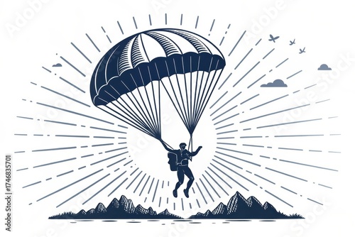 A parachutist gracefully descends with a backdrop of mountains and sun rays illuminating the sky