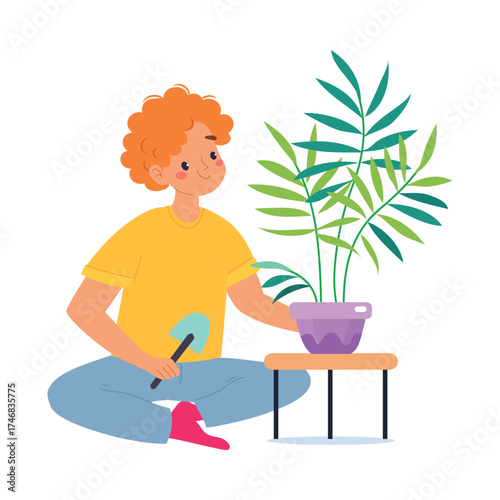 Man Character Enjoy Plant Cultivation and Gardening Vector Illustration