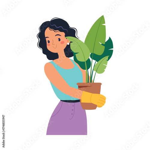 Woman Character Enjoy Plant Cultivation and Gardening Vector Illustration