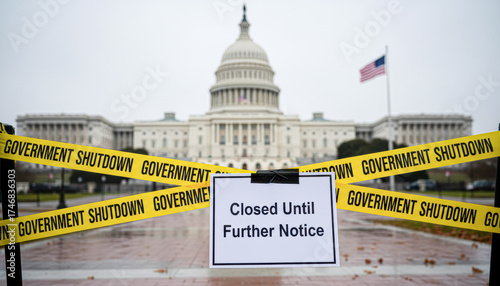 The image shows the U.S. Capitol building surrounded by caution tape, indicating a government shutdown with a sign stating 
