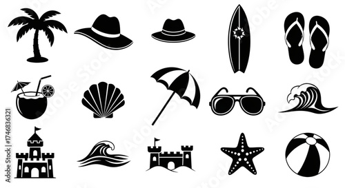 A complete collection of black and white summer beach silhouettes showing various tropical vacation and seaside items.
