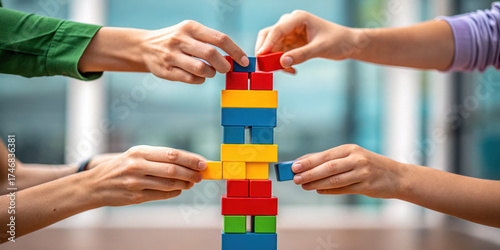 Wallpaper Mural Four hands collaboratively build colorful tower using interlocking plastic blocks, symbolizing teamwork and cooperation Torontodigital.ca