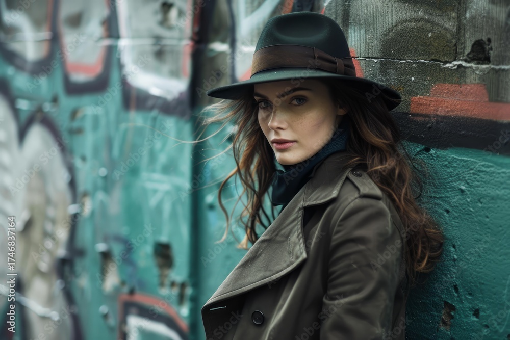 Fototapeta premium Fashionable woman posing in urban setting with graffiti wall background, wearing a stylish hat and trench coat