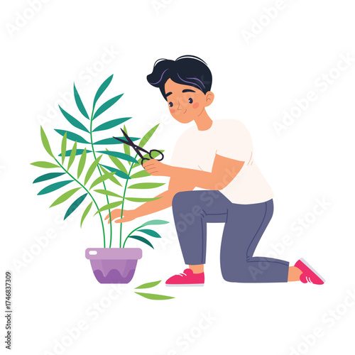 Man Character Enjoy Plant Cultivation and Gardening Vector Illustration