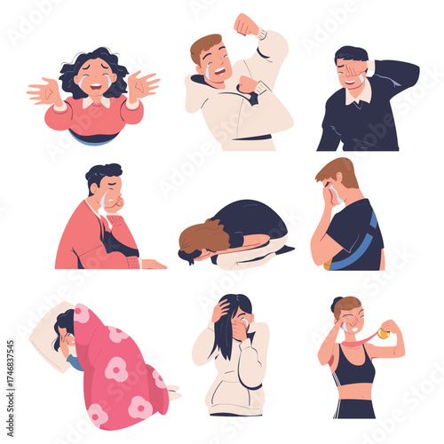 People Character Crying from Grief and Happiness Vector Set