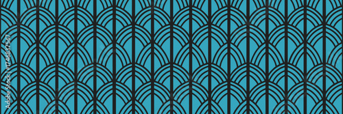 Seamless geometric pattern with elegant black art deco fan lines on a vibrant blue background, perfect for wallpaper, fabric, packaging, luxury design, and modern decorative projects.