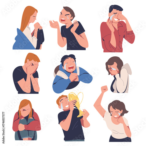People Character Crying from Grief and Happiness Vector Set