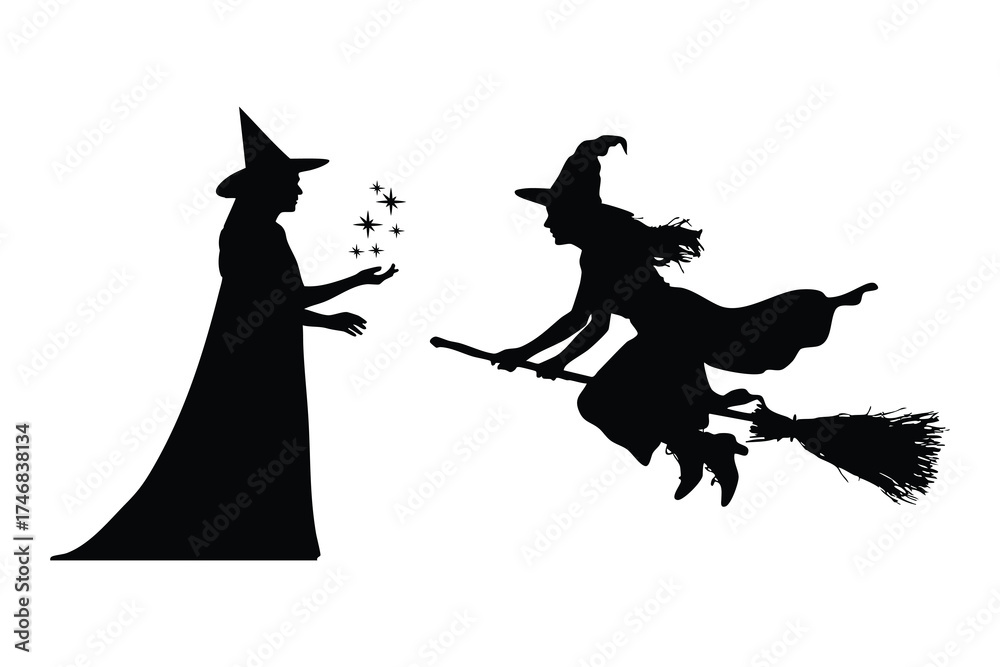 Fototapeta premium Two Black Silhouette Witches: Standing and Flying on a Broom
