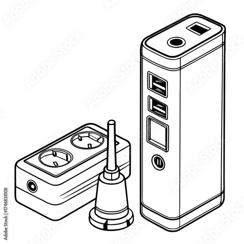 Illustration of a power bank, adapter, and plug, showcasing electrical devices, charging solutions, and connectivity in a minimalist black and white design