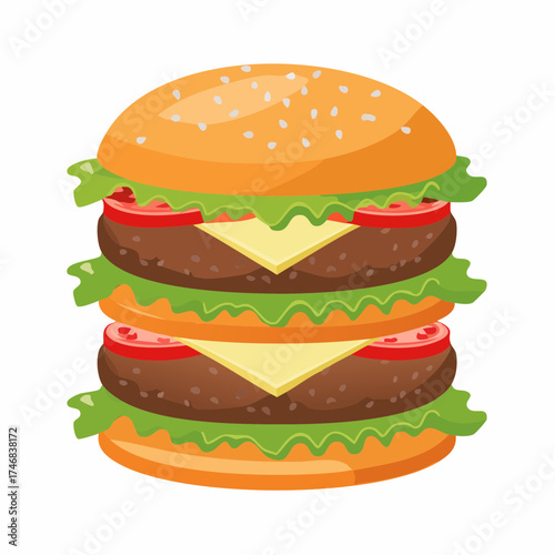 Delicious double decker cheeseburger with lettuce, tomato, and cheese on a sesame seed bun, perfect for a fast food icon or menu design