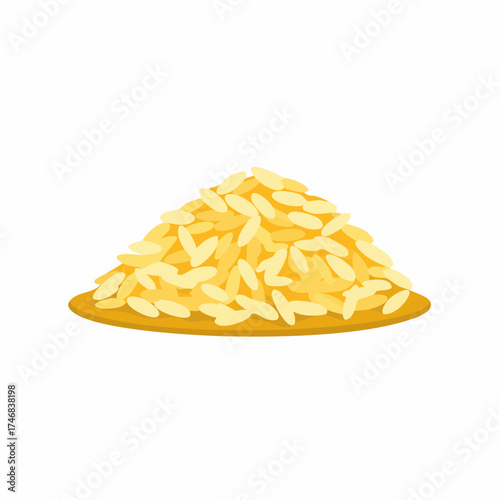 A vibrant illustration of a pile of fluffy, golden grains of rice, piled high on a light brown surface