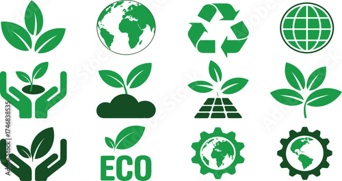 Vibrant green eco icons symbolizing sustainability, growth, and global care for future