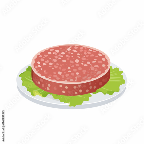 Fresh raw ground meat patty on a lettuce leaf. Vector illustration of an uncooked hamburger cutlet for culinary design