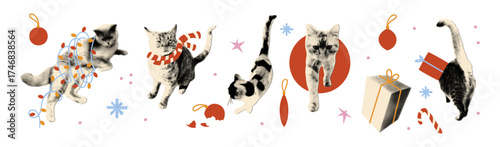 Christmas and New year halftone collage paper cut outs set. Funny stickers with cats, Christmas lights, winter scarf, gift box. Modern retro vector illustration isolated on transparent background