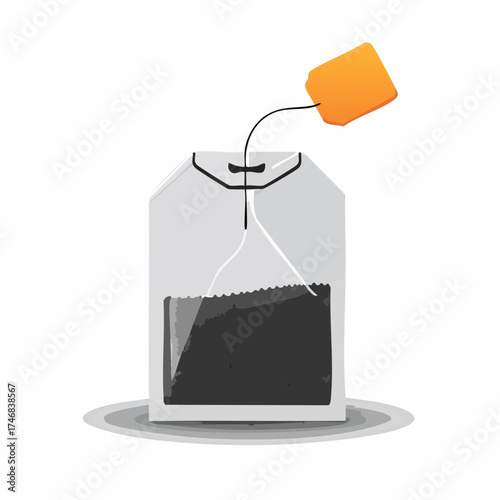 Simple illustration of a tea bag with string and orange tag. Ready to brew a comforting hot drink, it symbolizes relaxation and a peaceful moment