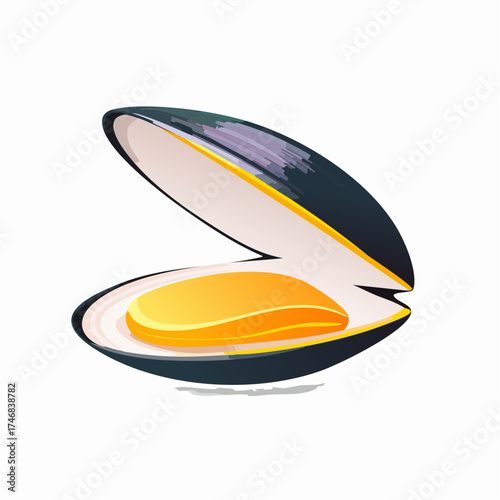 Vector icon of an open mussel with a vibrant orange mollusk inside its dark shell. Stylized graphic element representing seafood, gastronomy, and aquatic life