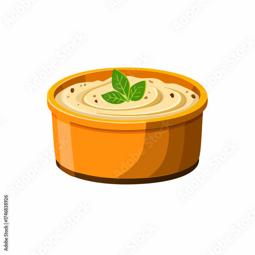 A cartoon vector icon of a delicious bowl of hummus dip with a fresh basil garnish illustration