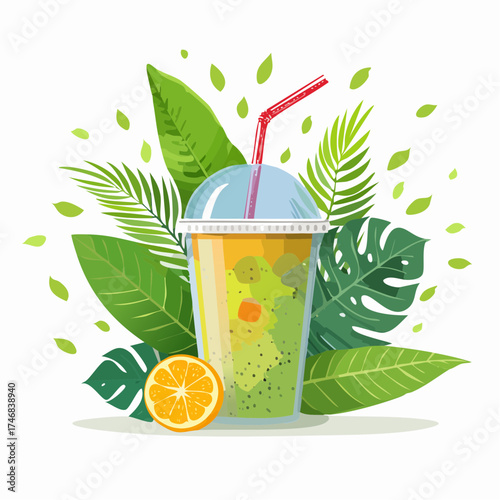 Refreshing tropical smoothie drink with orange slice and green leaves – healthy concept art