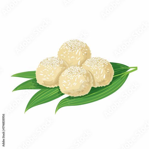 Sweet traditional coconut rice balls, a delightful Asian dessert presented on vibrant green leaves. Perfect for festive gatherings or a refreshing, naturally delicious snack