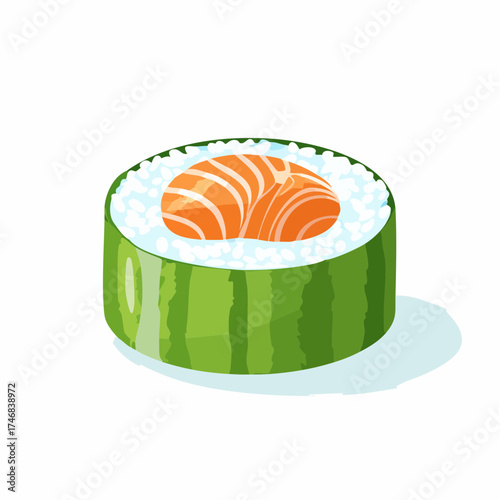 A delicious Japanese maki sushi roll with fresh salmon and rice, wrapped in cucumber. A stylized vector illustration of traditional Asian cuisine