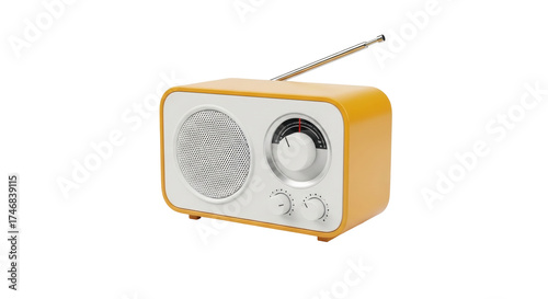 Isolated retro-styled yellow radio receiver with antenna for entertainment and communication