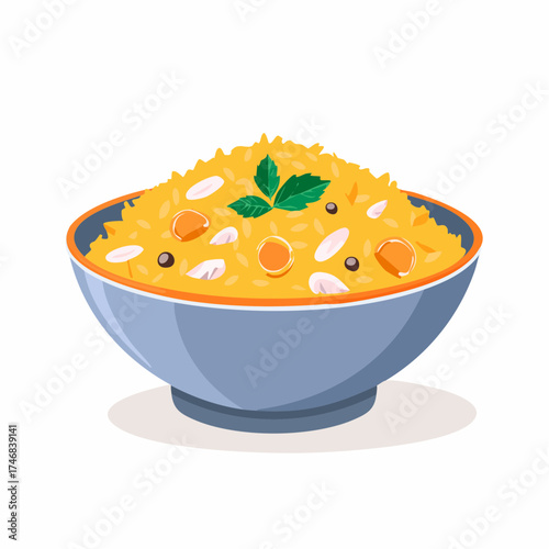 Delicious golden aromatic rice pilaf served in a decorative ceramic bowl, garnished with fresh mint, perfect for culinary graphics