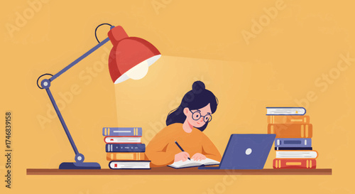 An illustrated woman with glasses studies diligently at a desk with a laptop, stacks of books, and a bright lamp.