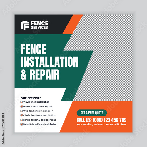 Residential and commercial fence repair and installation services, social media post or web banner design template for outdoor fencing, security fencing, and property boundary solutions