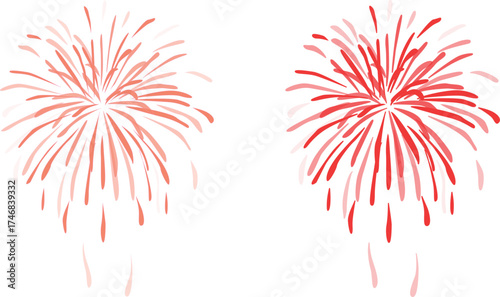 Two bright red and white fireworks exploding in the night sky isolated on white background