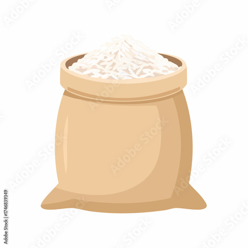 Cartoon vector illustration of a rustic burlap sack overflowing with raw white rice grains